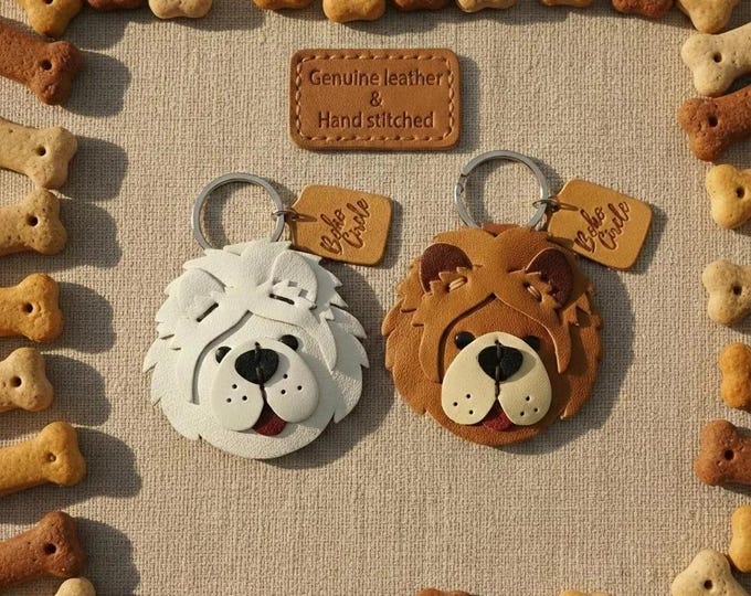 Hand-Stitched Leather Chow Chow Keyring | Custom Dog Memorial & Pet ID Tag Gift