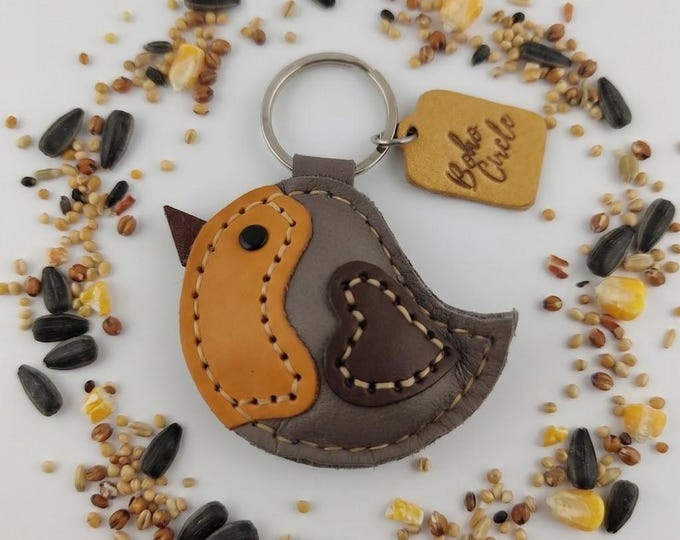 Handmade Leather Robin Keyring Bird Keychain Heart Wing Charm Redbreast Bag Tag