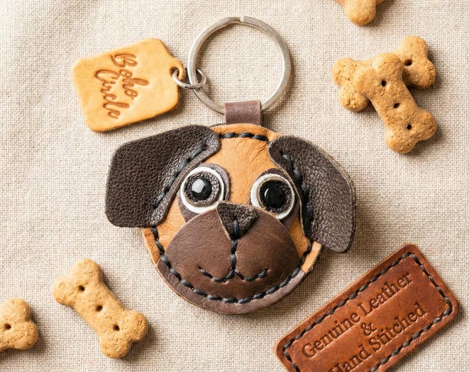 Handmade Leather Pug Keychain, Dog Lover Gift