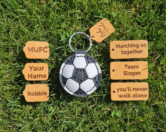 Personalised Leather football Keyring, Hand-Stitched Bag Tag, Team Gift