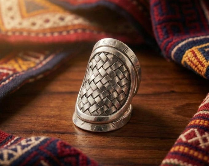 Hand Forged Woven Ring, Lustrous White Metal Tribal Band