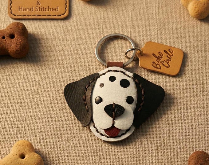 Hand-Stitched Leather Dalmatian Keyring | Custom Personalised Pet ID Tag & Dog Memorial Gift