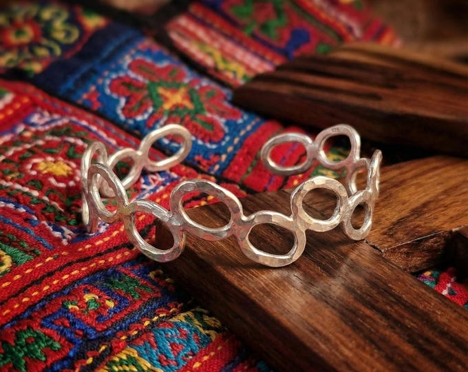 Hand-Forged White Metal Link Bracelet, Hammered Boho Cuff