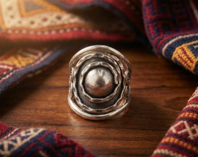 Hand-Forged Metallic Dome Ring, Hammered Texture, Adjustable Boho Band
