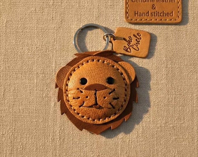Handstitched Leather Lion Keychain | Safari Animal Key Fob