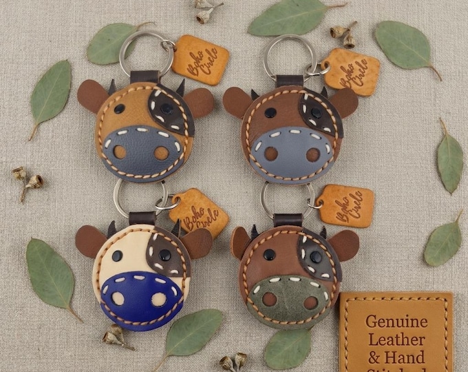 Round Leather Cow key fob | Rustic Farm Animal gift