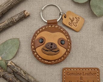 Hand-stitched Leather Sloth Keyring, Boho Animal Bag Charm, Whimsical Artisan Accessory