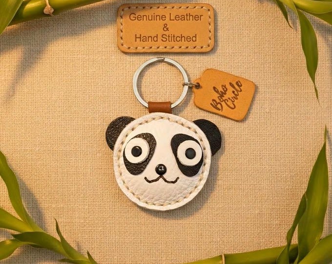 Hand-Stitched Leather Panda Keyring | Personalized Animal Charm