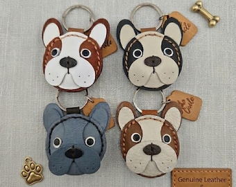 Handgefertigter Schlüsselanhänger aus Leder mit französischer Bulldogge | Geschenkidee für Tierliebhaber