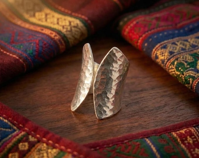 Hand-Forged Metallic Ring, Wide Hammered Band, Adjustable Cuff