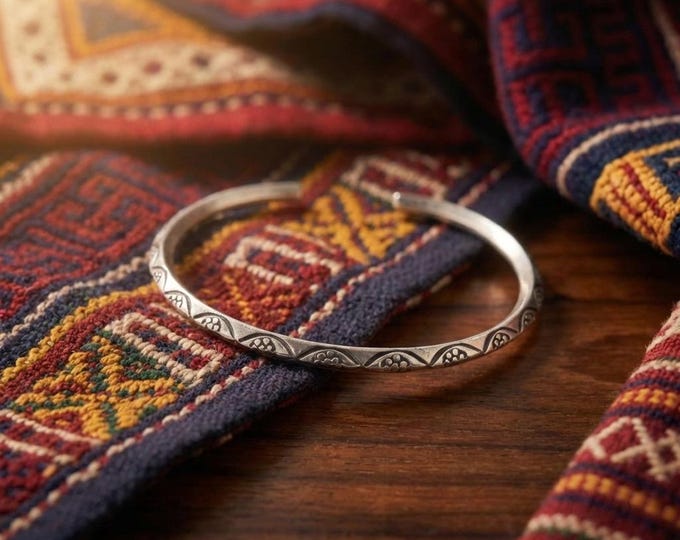 Handcrafted White Metal Bangle, Etched Tribal Cuff, Boho Jewelry
