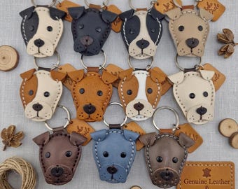 Hand-stitched Leather Staffy Keyring, Boho Circle Dog Charm, Personalised Gift