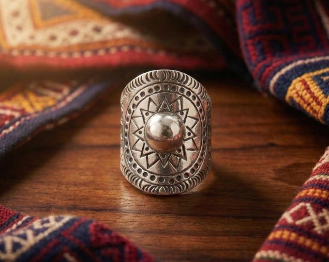 Hand-Forged Sunburst Ring, Ethnic Tribal Shield, Adjustable Boho Jewelry