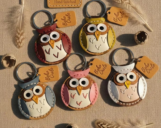 Artisan Leather Owl Charm | Stitched Bird Face Keyring | Woodland Creature Accessory