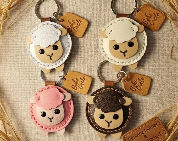 Handmade Leather Sheep Keychain | Farm Animal Key Fob