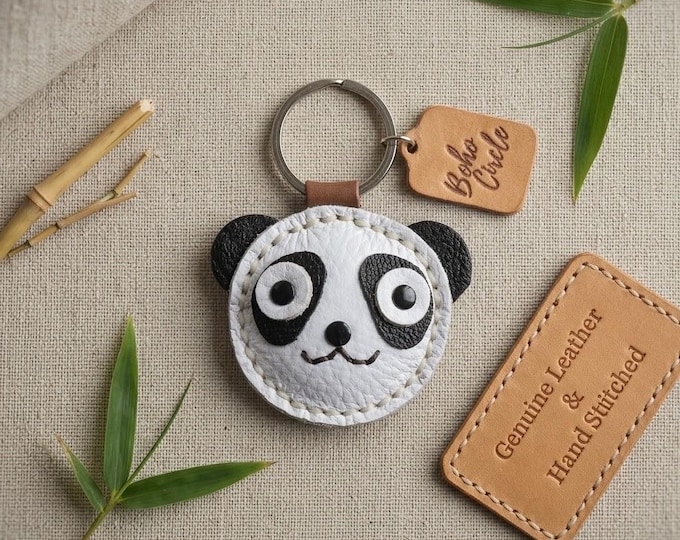 Hand-Stitched Leather Panda Keyring | Personalized Animal Charm