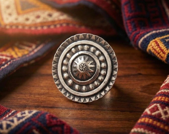 Hand-Forged Metallic Shield Ring, Tribal Boho Adjustable Statement Jewellery