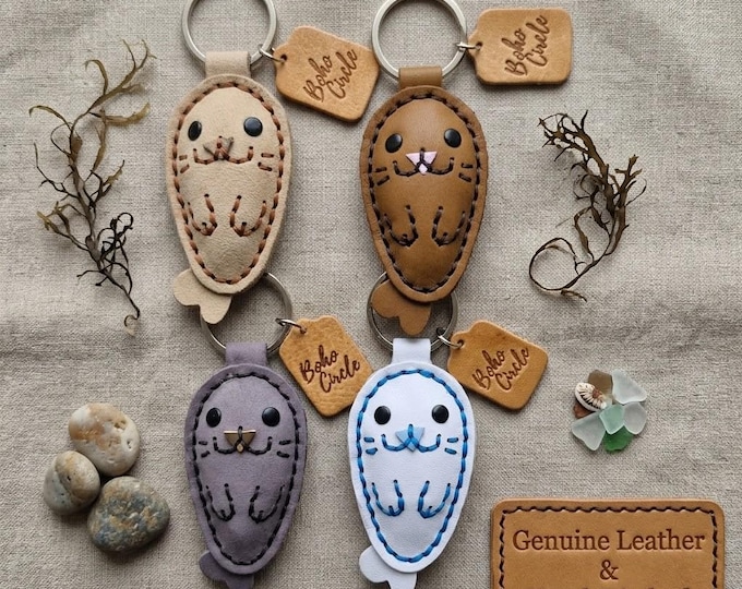 Hand Stitched Leather Seal Keyring, Boho Coastal Bag Charm, Artisan Ocean Animal Keychain
