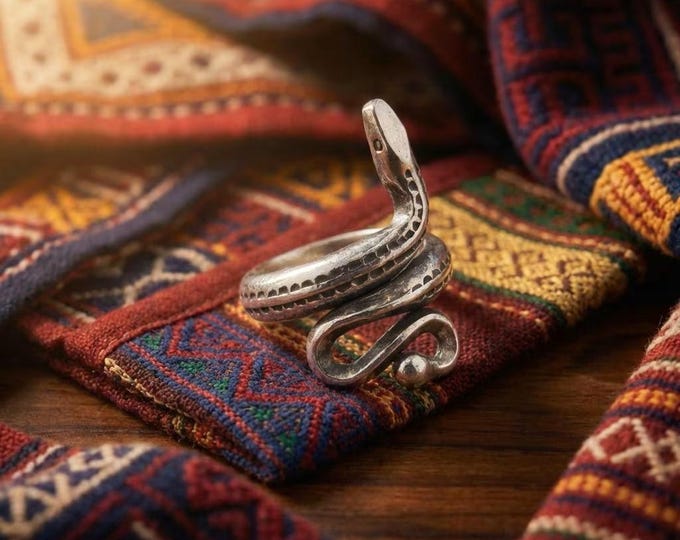 Hand-Forged Serpent Ring, White Metal Snake, Tribal Boho Jewelry