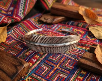 Hand-Forged Feather Cuff Bangle, Tribal Boho Artisan Wristwear