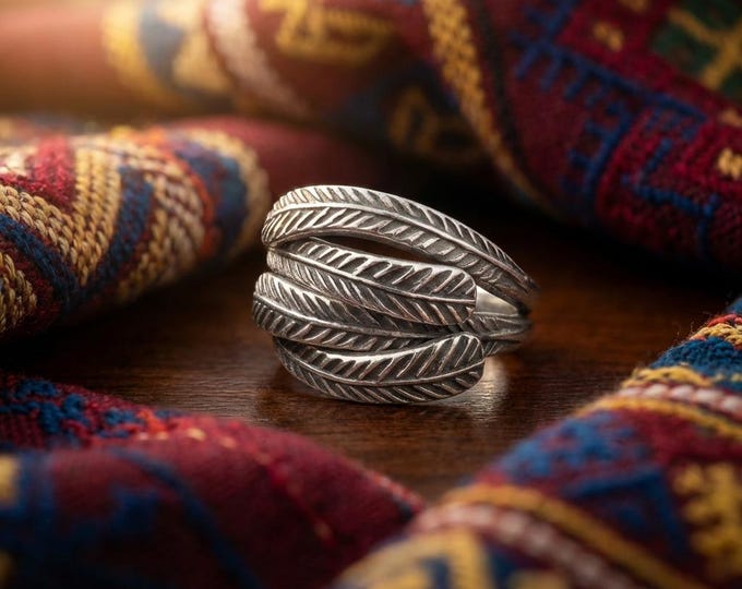 Hand-Forged Feather Wrap Ring, Adjustable Metallic Statement Band, Boho Tribal Jewelry
