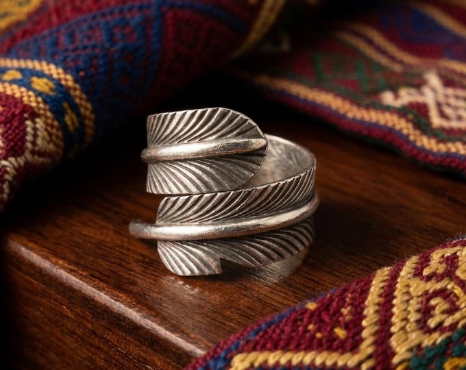 Karen Hill Tribe Silver Feather Ring, Adjustable Boho Wrap Ring