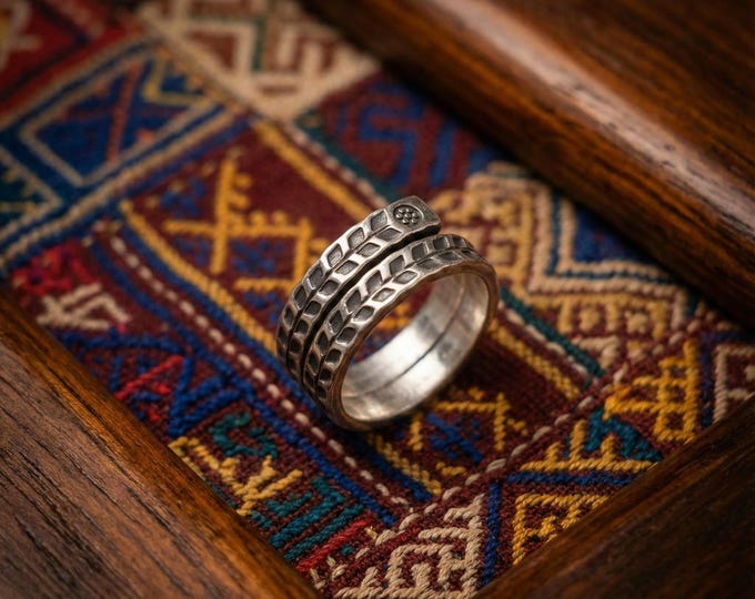 Hand-Forged White Metal Wrap Ring, Tribal Geometric, Adjustable