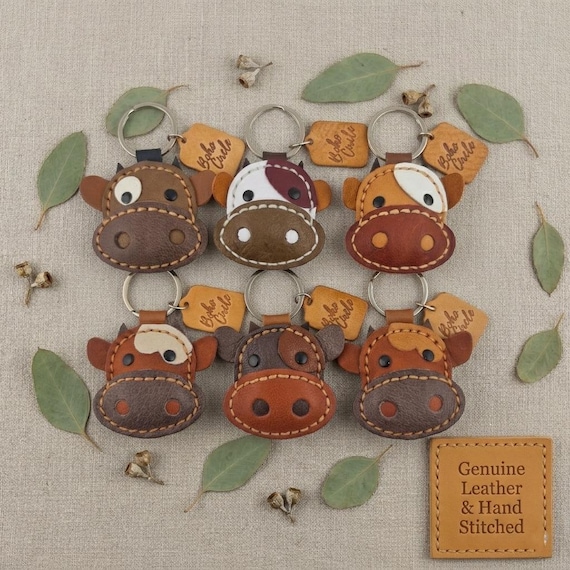 Handmade Leather Cow Keychain | Rustic Farm Animal Key Fob