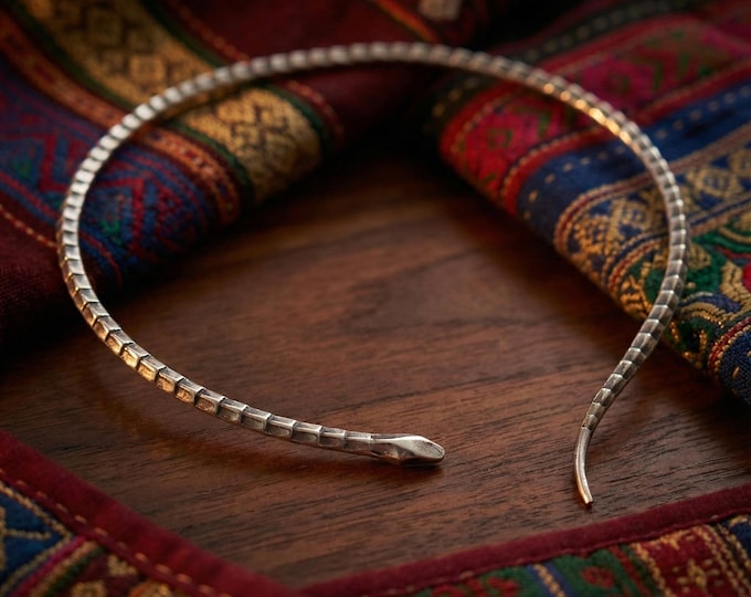 Hand Forged Snake Torque Necklace, White Metal Boho Choker