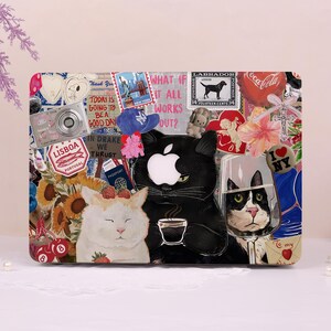 May include: A decorative laptop case featuring a collage of stickers and illustrations. The design includes images of cats, flowers, stamps, and the text "Today is going to be a good day". The case has a colorful and artistic aesthetic.