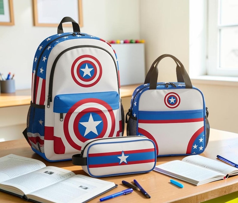 a collection of school supplies, including a backpack, a lunch bag, a pencil case, and some books, all with a patriotic design.