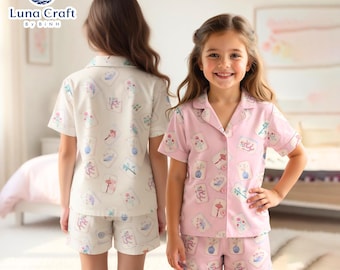 Mahjong Print Long Sleeve Pajama Set Pink Satin Sleepwear with Asian Tile Pattern Women’s Button Up Top and Pants Cute Game Night Outfit