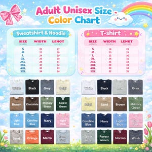 The image is an adult unisex size chart for T-shirts, displaying various color options and corresponding sizes for each color.