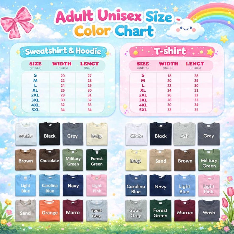 The image is an adult unisex size chart for T-shirts, displaying various color options and corresponding sizes for each color.