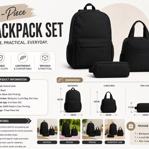 The image is a 3-piece backpack set that includes a lunch bag, a pen case, and an Oxford cloth. The backpack is made of durable materials and is suitable for various ages and purposes. The product information provides details about the dimensions, materials, and features of the backpack set.