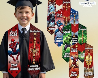 Personalized Marvel Graduation Stole Class of 2026, Custom Superhero Spiderman Iron Man Hulk Kids Kindergarten Grad Sash Gift