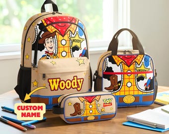 Personalized Woody Backpack Set with Custom Name, Cowboy School Bag,Kids Backpack Lunch Bag Pencil Case,Back to School Gift for Boys & Girls