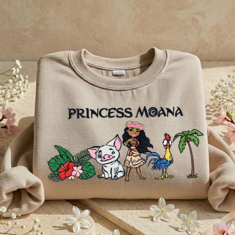 A beige t-shirt with a design featuring characters from the Disney movie " princess Moana".