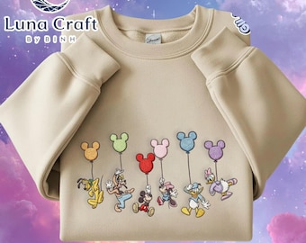 Embroidered Mickey & Friends Balloon Sweatshirt, Retro Disney Crewneck, Family Vacation Matching Outfits, Mickey Minnie Xmas Holiday Shirt