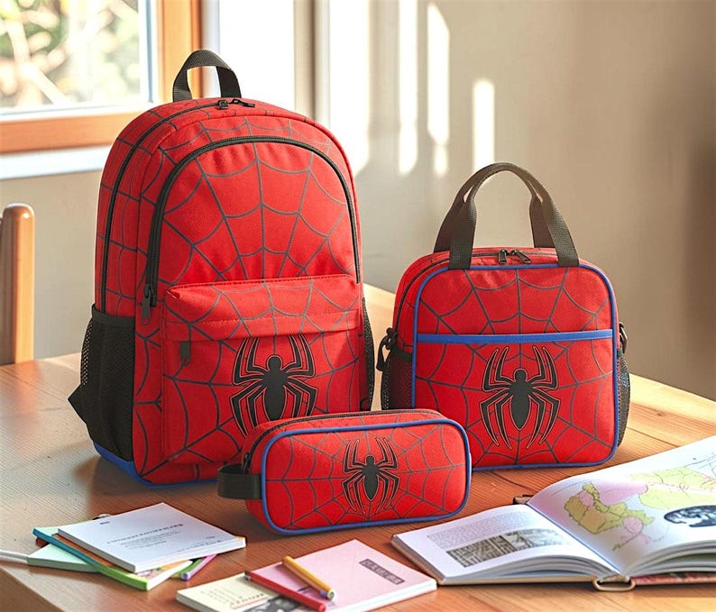 A Spiderman-themed backpack and two lunch bags are placed on a wooden table, along with some books and a map.