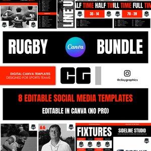 Op de afbeelding: Een digitale Canva-sjabloonbundel voor sportteams. Het ontwerp bevat wedstrijddag informatie, teamopstellingen en social media sjablonen. De sjablonen zijn bewerkbaar in Canva en hebben een zwart, wit en rood kleurenschema.