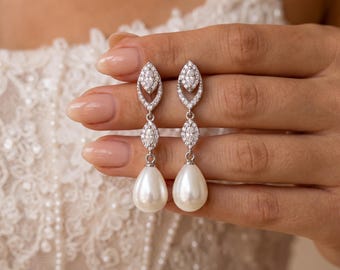 Diamanten pareloorbellen, zilveren oorbellen, trouwoorbellen, bruidsoorbellen, elegante pareldruppeloorbellen, cadeau bruidsmeisje, Moederdagcadeau