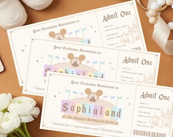 Niestandardowe imię, bilet do Disneylandu, zaproszenie, zapisz datę, najszczęśliwsze urodziny, baby shower, wydruk cyfrowy