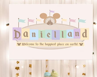 Disneyland Birthday Welcome Sign PNG Custom Name Happiest Birthday Baby Shower Printable Decor Digital