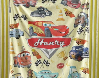 Personalized Cars Blanket Custom Lightning McQueen Mater Sally Kids Birthday Throw Gift Cozy