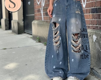 Washed Ripped Jeans | Wide Leg Street Pants | Daily Wear | Punk Japanese Style