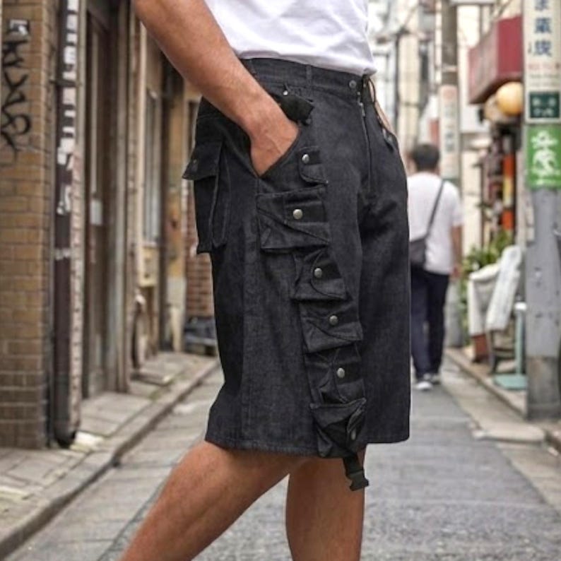 Puede incluir: Pantalones cortos cargo de mezclilla gris oscuro con m&uacute;ltiples bolsillos en los laterales y en la parte delantera. Los pantalones cortos tienen cierre de bot&oacute;n y cremallera y trabilla para el cintur&oacute;n. Los pantalones cortos son hasta la rodilla.
