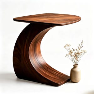 Puede incluir: Una mesa auxiliar moderna de madera oscura con una base curva única. La superficie rectangular tiene esquinas redondeadas. La mesa mide aproximadamente 61 cm de largo, 30 cm de ancho y 61 cm de alto. Un pequeño jarrón con flores secas está al lado.
