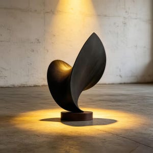 May include: A dark, abstract sculpture with a flowing, curved design. The sculpture is made of a dark material and sits on a round, wooden base. The piece is illuminated by a warm light, casting a shadow on the concrete floor.