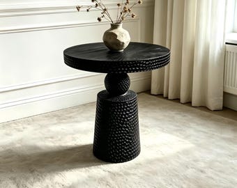 Textured Black Side Table, Hand Carved Totem End Table, Wabi Sabi Pedestal Stand, Sculptural Art Furniture, Unique Luxury Housewarming Gift